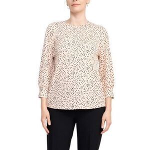 Adrianna Papell Blush Pink Polka Dot Pleated Long Sleeve Blouse Size L fits XL‎